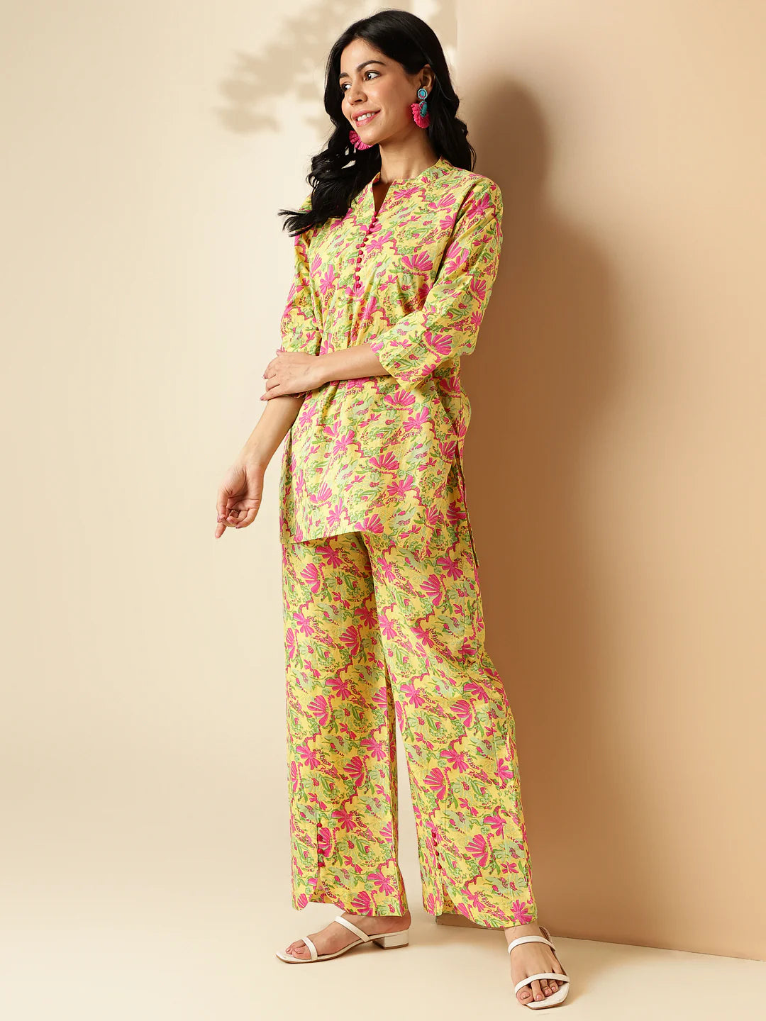 yellow floral print straight cotton co-ord set-sukartaa