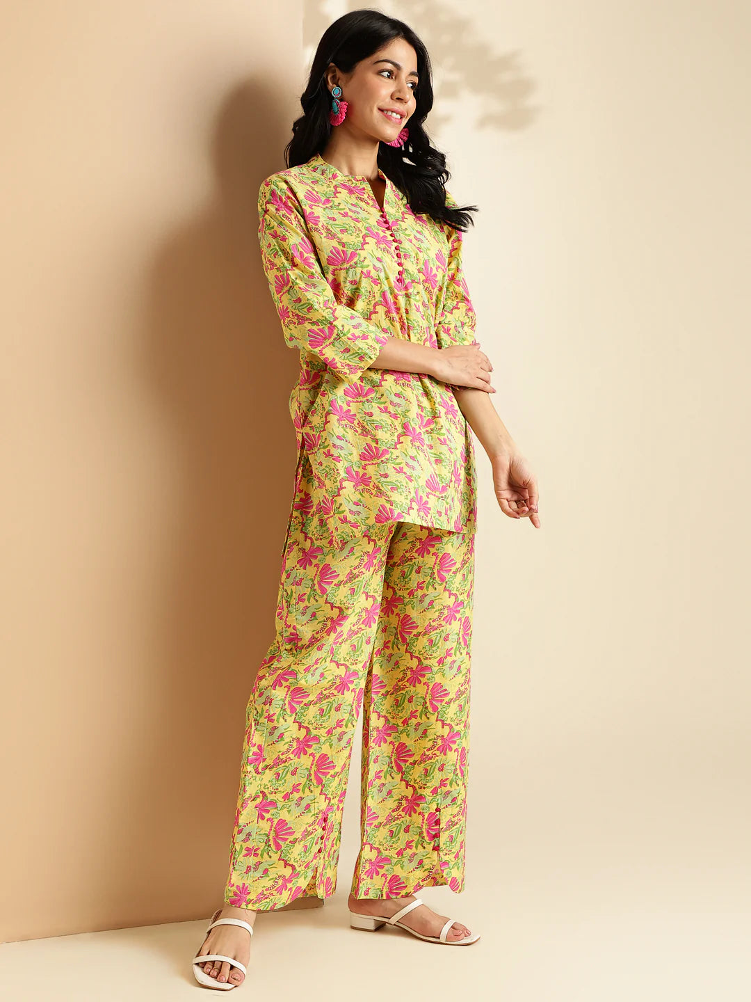 yellow floral print straight cotton co-ord set-sukartaa