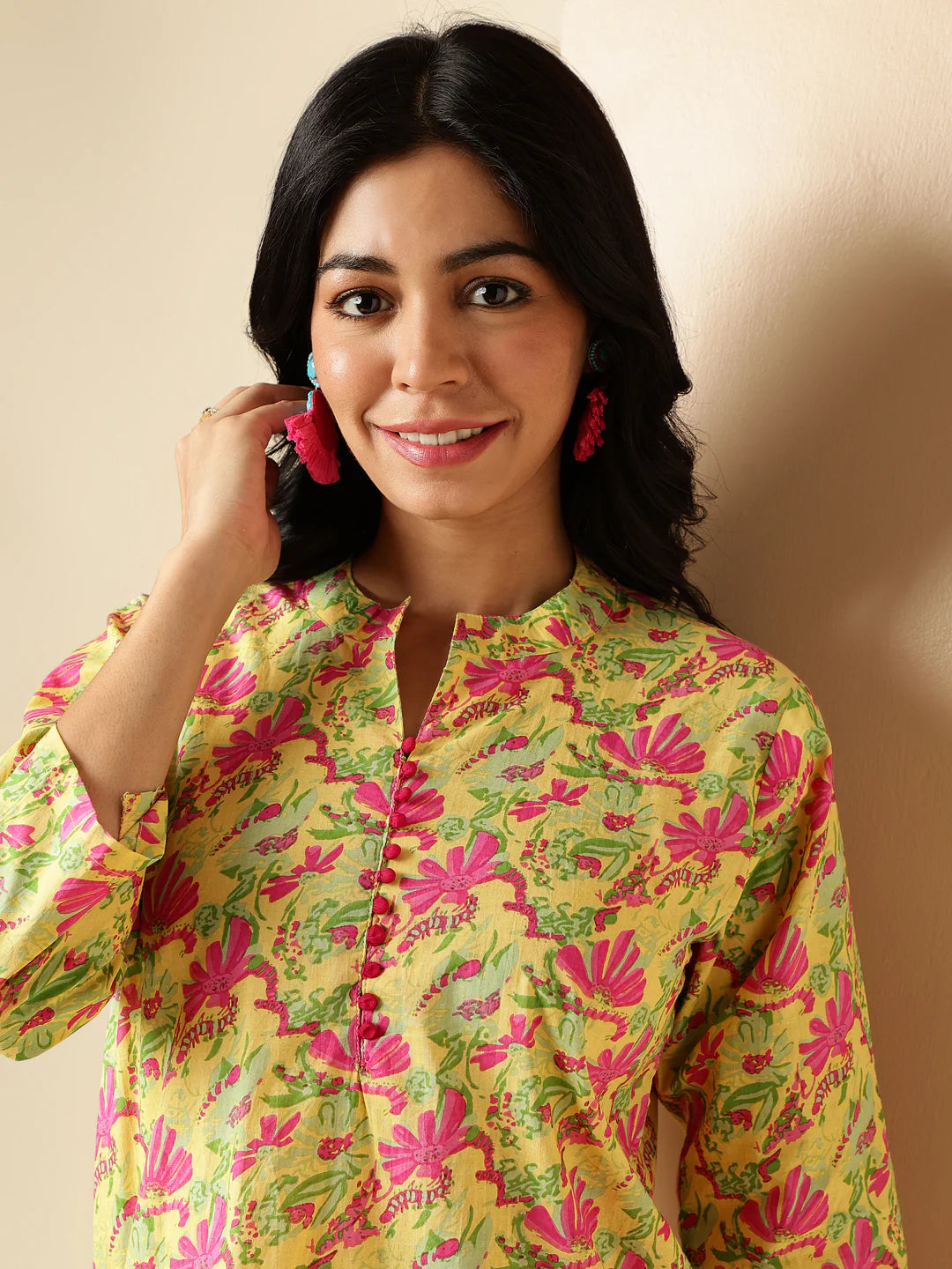 yellow floral print straight cotton co-ord set-sukartaa