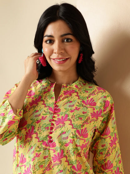 Yellow Floral Print Straight Cotton Co-Ord Set-sukartaa