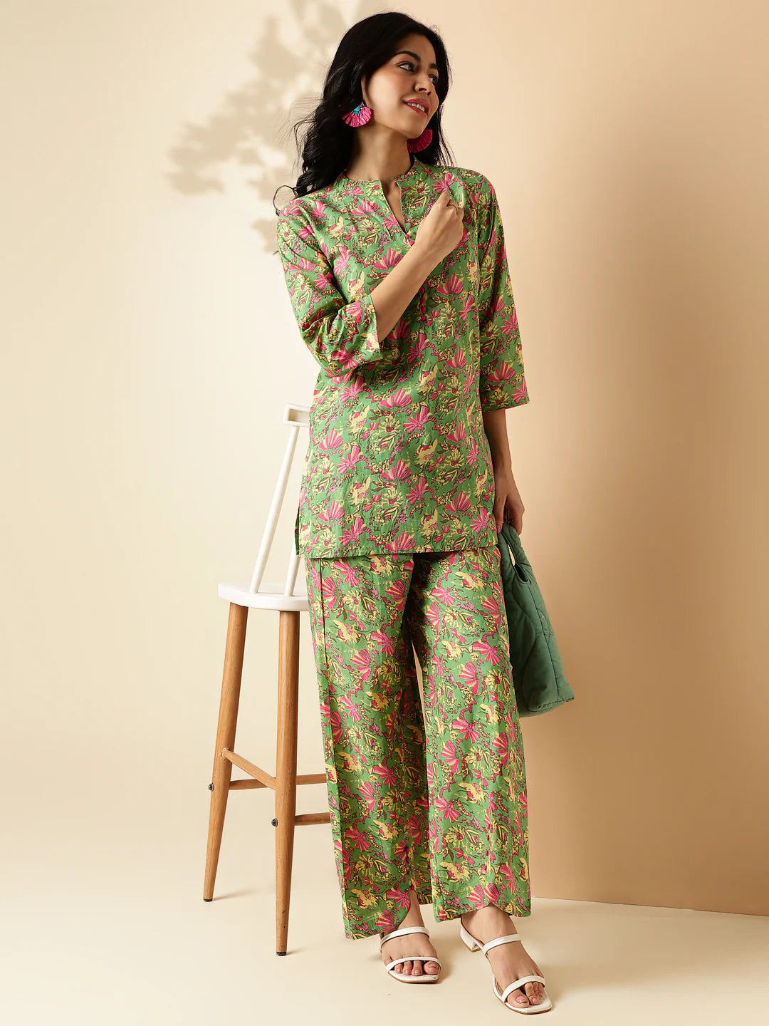 mehendi green floral print straight cotton co-ord set-sukartaa