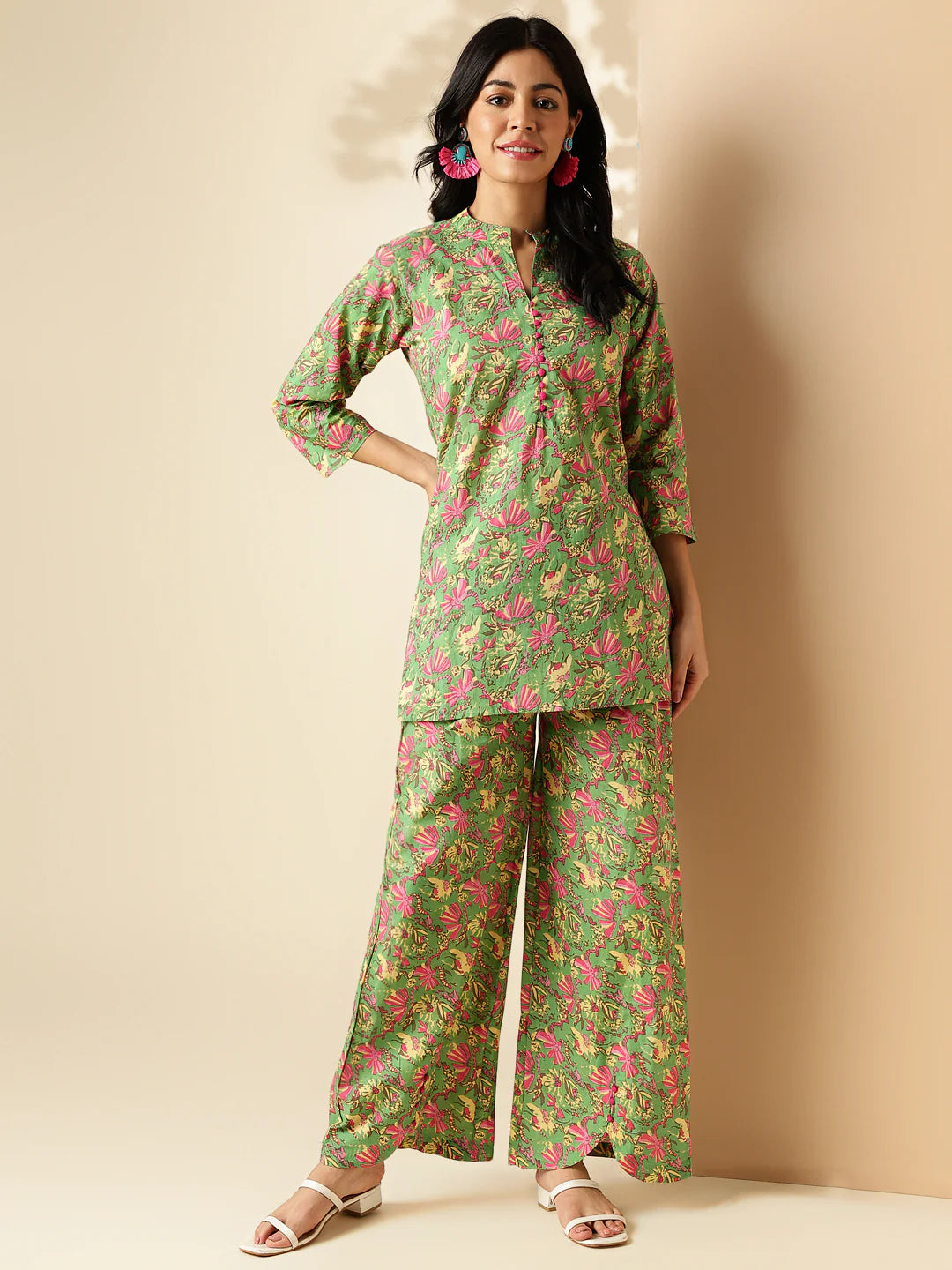 mehendi green floral print straight cotton co-ord set-sukartaa