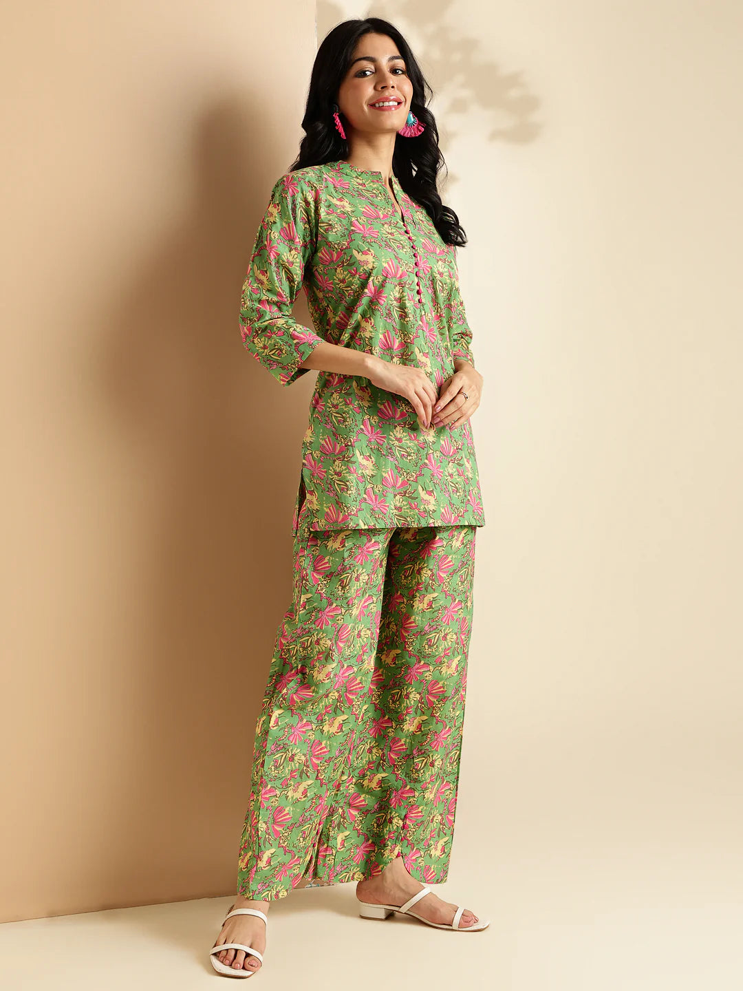 mehendi green floral print straight cotton co-ord set-sukartaa