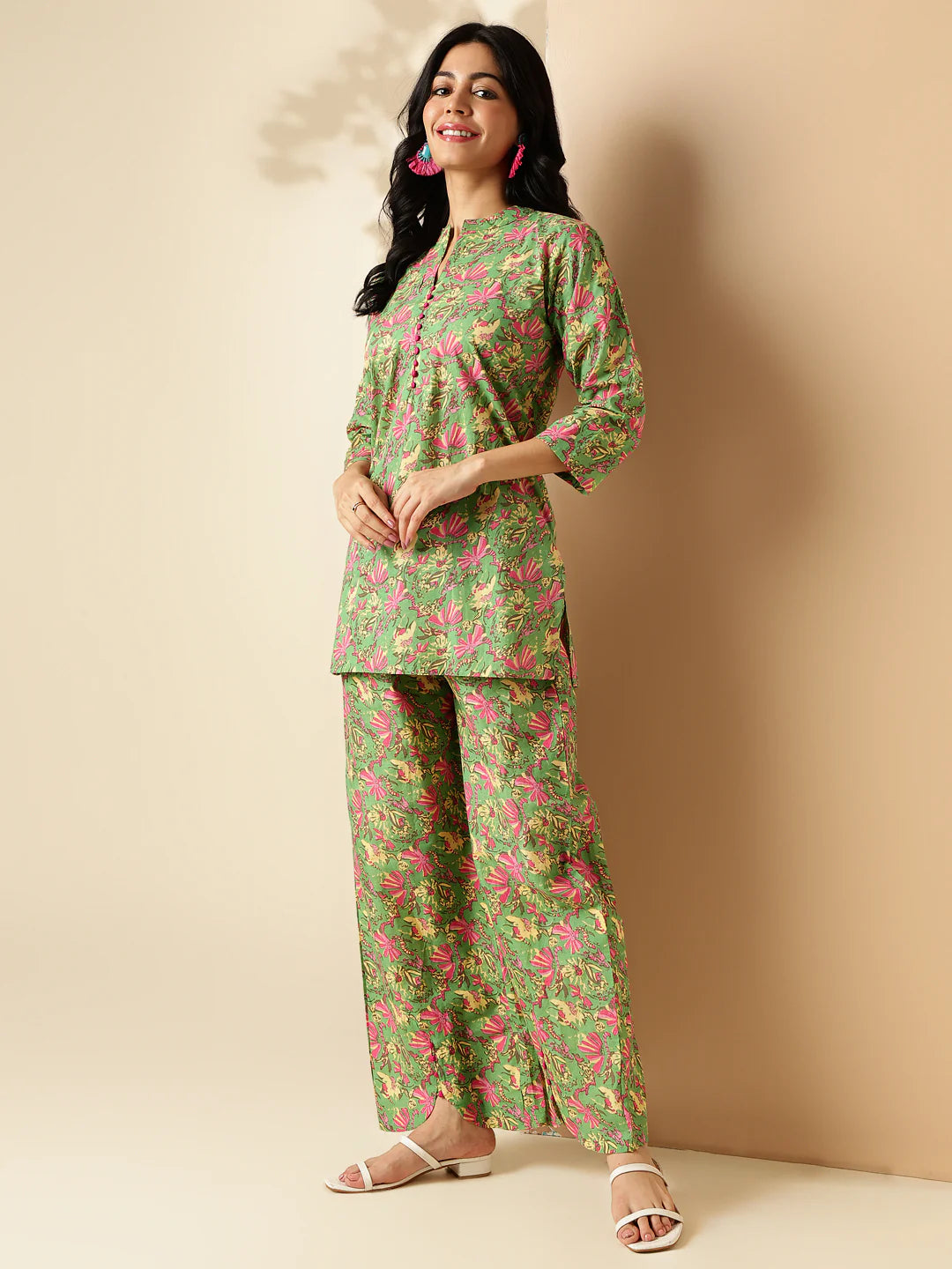 mehendi green floral print straight cotton co-ord set-sukartaa