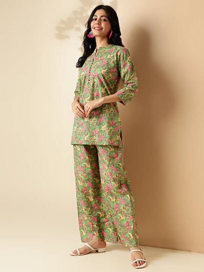 Mehendi Green Floral Print Straight Cotton Co-Ord Set-sukartaa