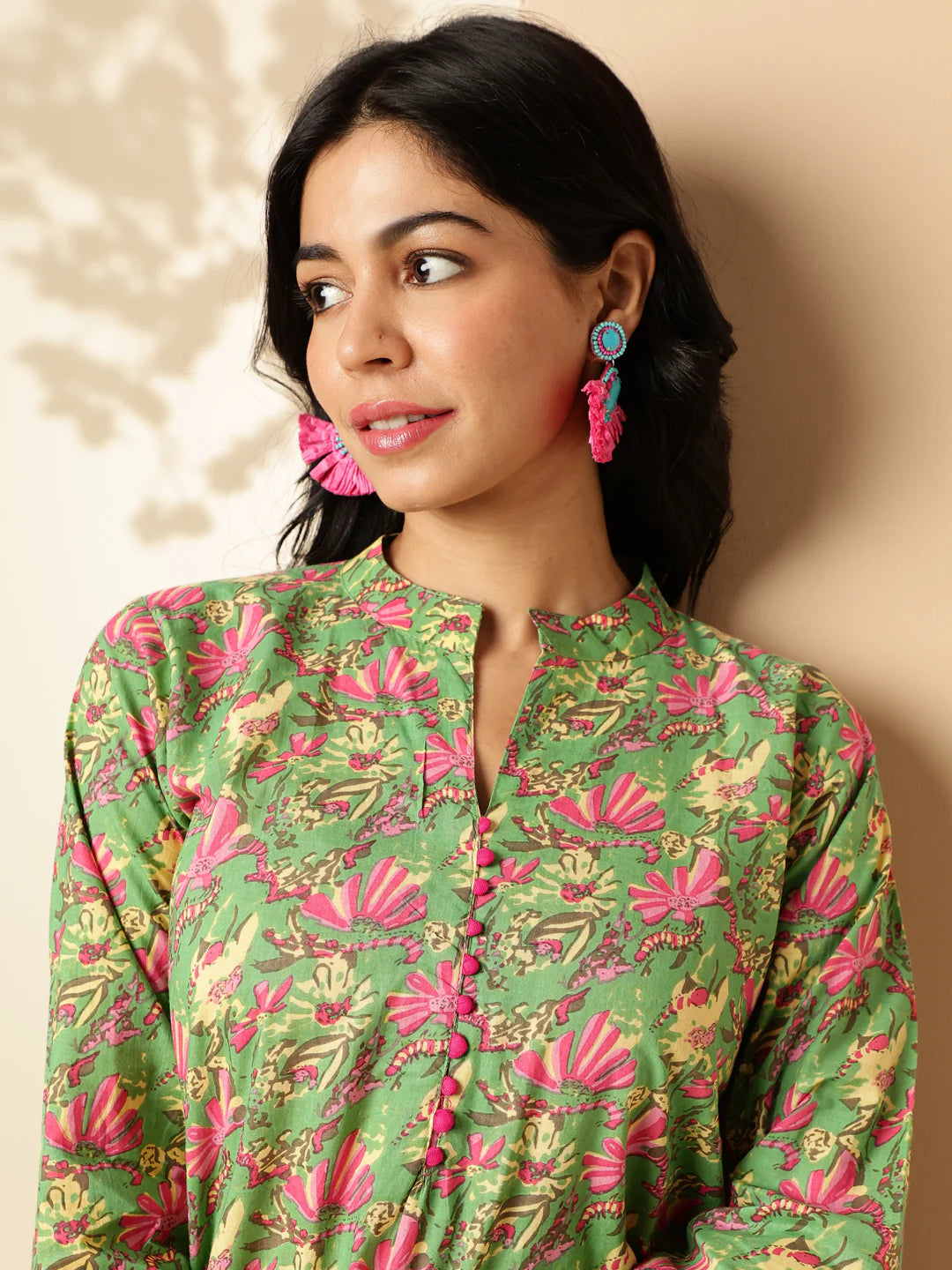 mehendi green floral print straight cotton co-ord set-sukartaa