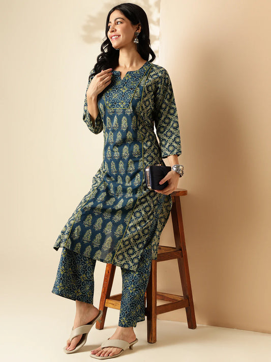 Aqua Blue Geometric Print With Lace Straight Cotton Kurta With Palazzo-sukartaa