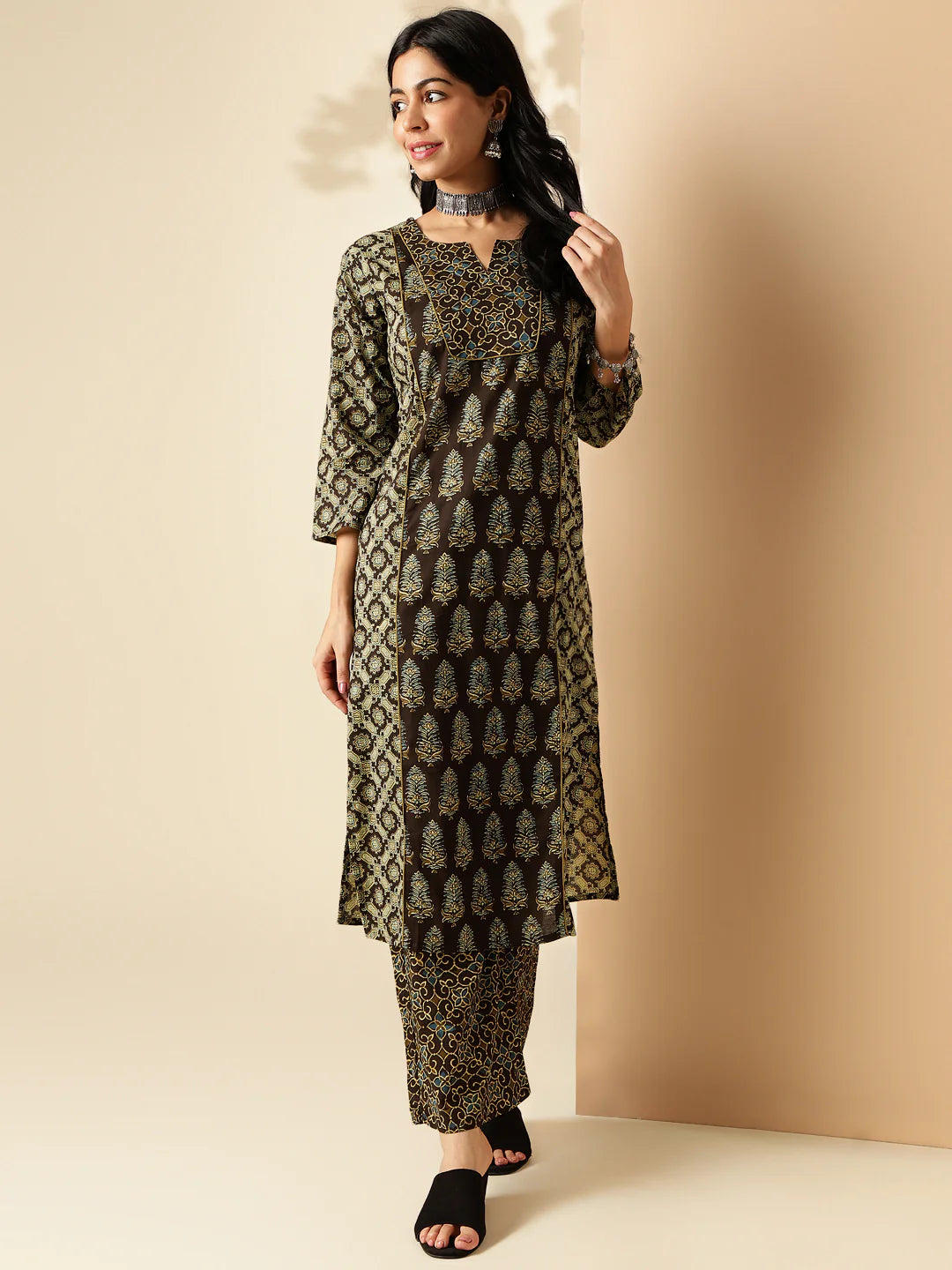 brown geometric print with lace straight cotton kurta with palazzo-sukartaa