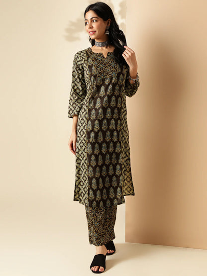 Brown Geometric Print With Lace Straight Cotton Kurta With Palazzo-sukartaa