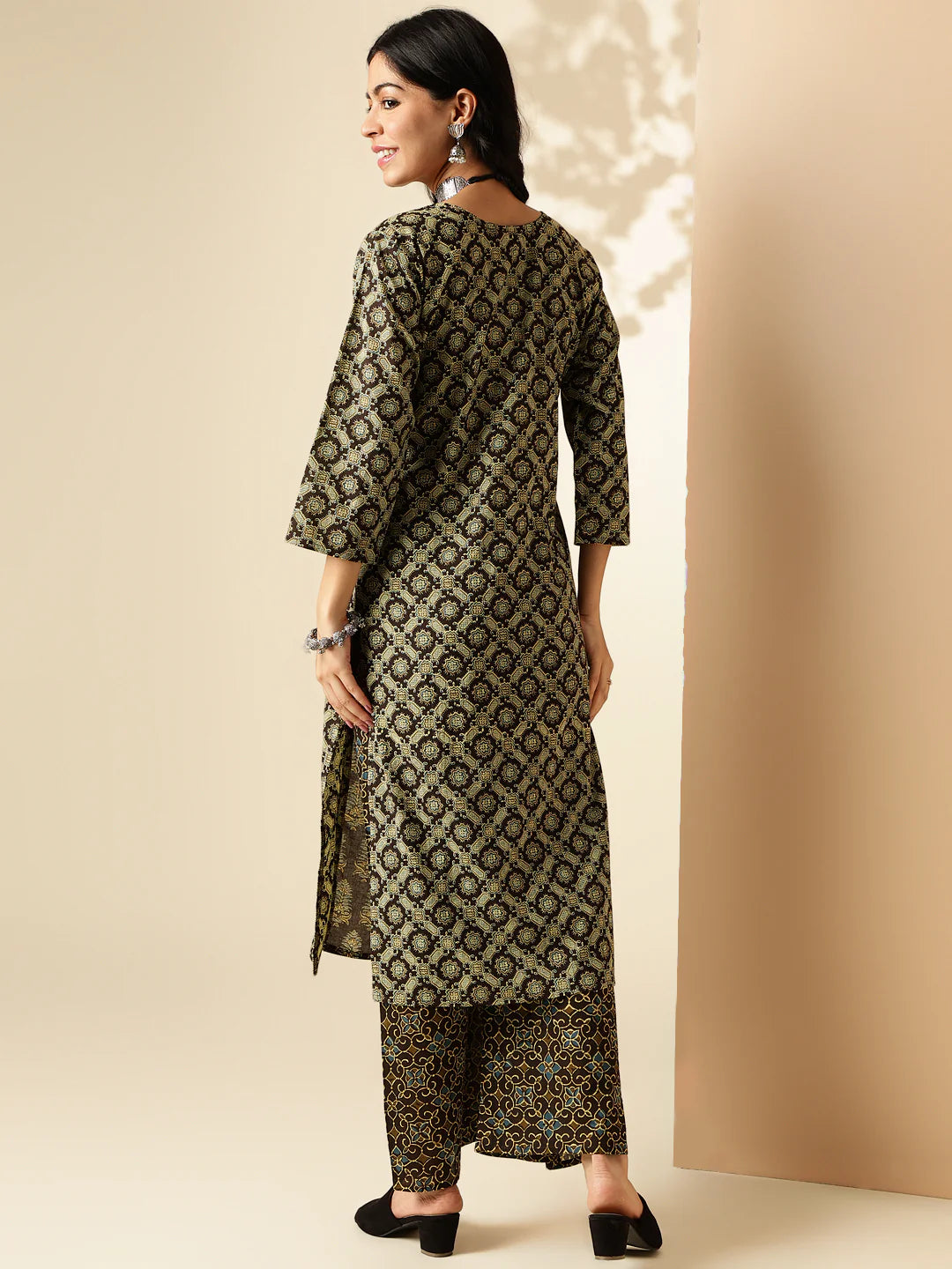 brown geometric print with lace straight cotton kurta with palazzo-sukartaa