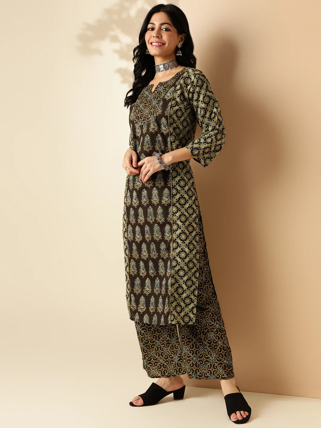 brown geometric print with lace straight cotton kurta with palazzo-sukartaa