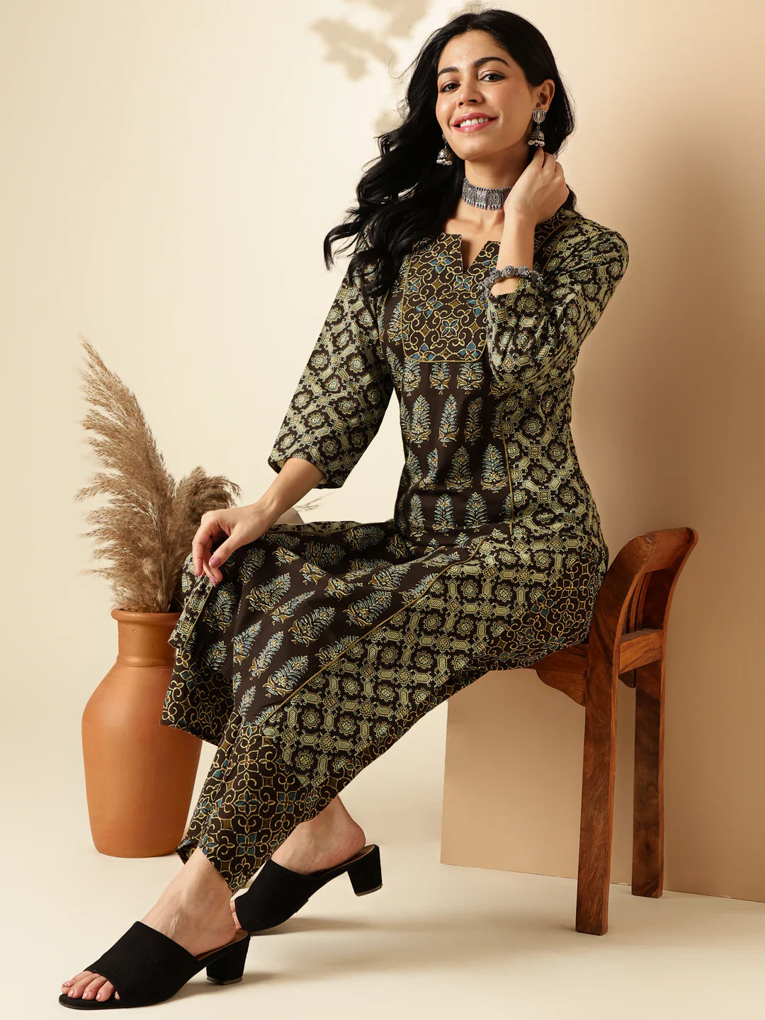 brown geometric print with lace straight cotton kurta with palazzo-sukartaa