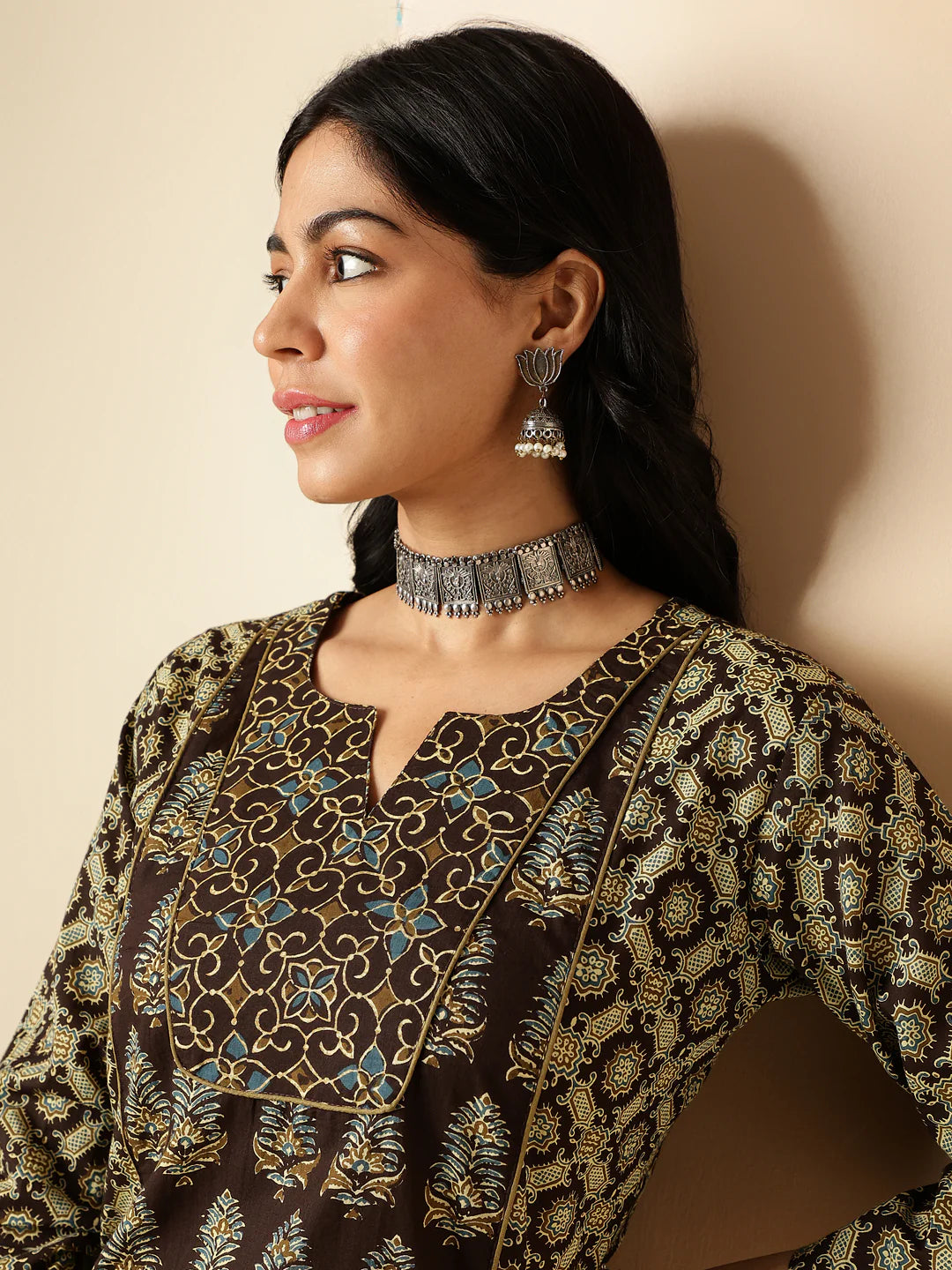 brown geometric print with lace straight cotton kurta with palazzo-sukartaa