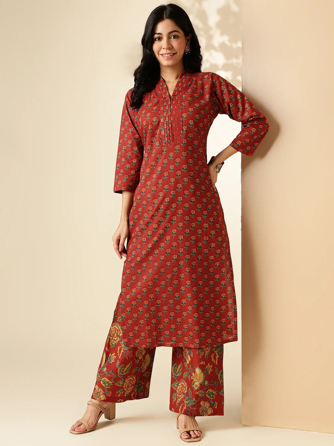 maroon floral printed straight cotton kurta with palazzo-sukartaa