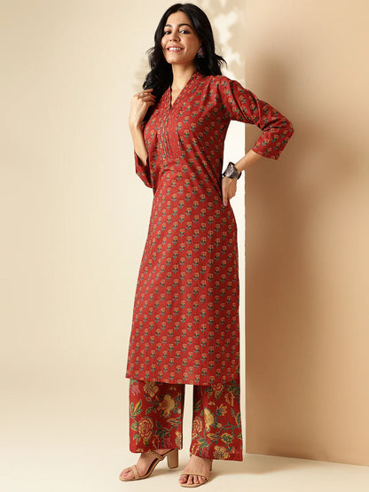 Maroon Floral Printed Straight Cotton Kurta With Palazzo-sukartaa