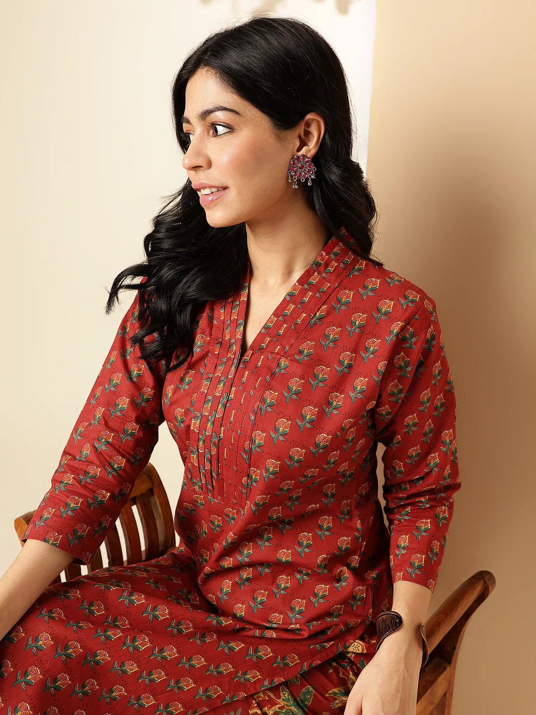 maroon floral printed straight cotton kurta with palazzo-sukartaa