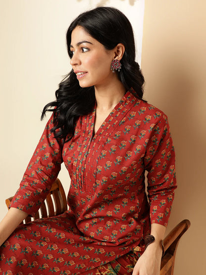 Maroon Floral Printed Straight Cotton Kurta With Palazzo-sukartaa