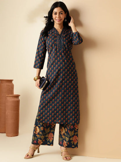 Blue Floral Printed Straight Cotton Kurta With Palazzo-sukartaa