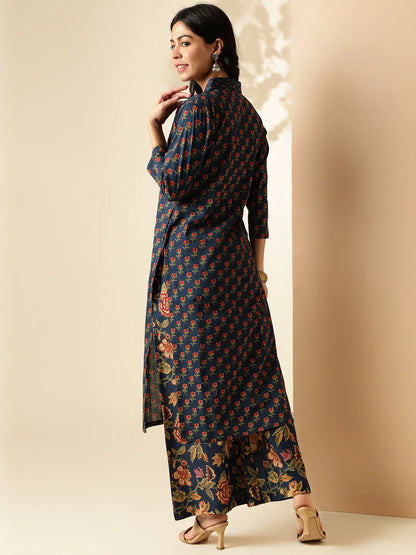 Blue Floral Printed Straight Cotton Kurta With Palazzo- sukartaa