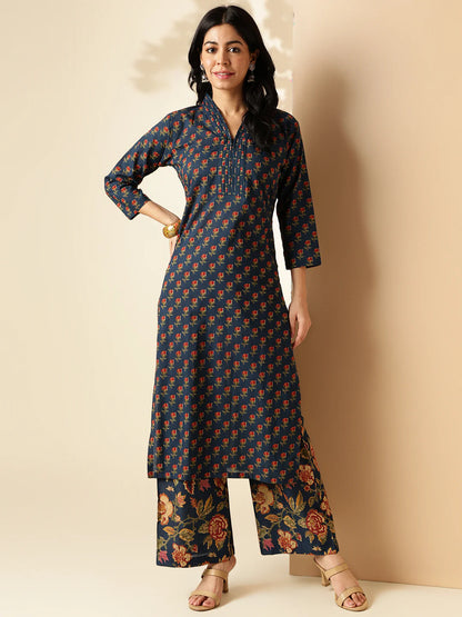 Blue Floral Printed Straight Cotton Kurta With Palazzo-sukartaa