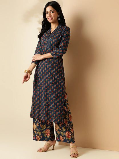 Blue Floral Printed Straight Cotton Kurta With Palazzo-sukartaa