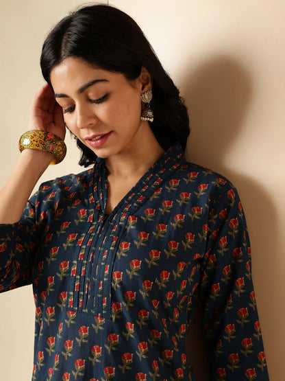 Blue Floral Printed Straight Cotton Kurta With Palazzo-sukartaa