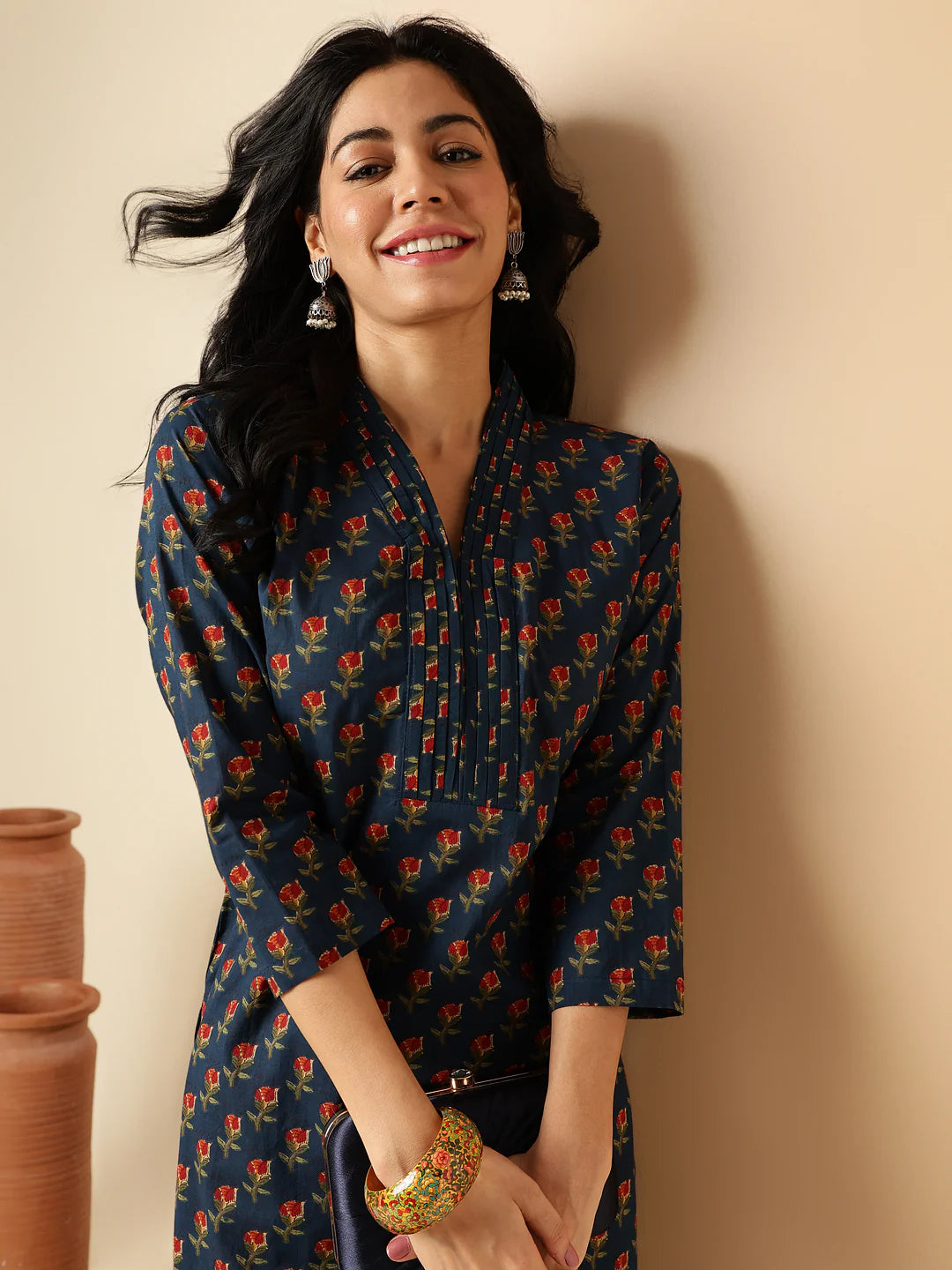 blue floral printed straight cotton kurta with palazzo- sukartaa