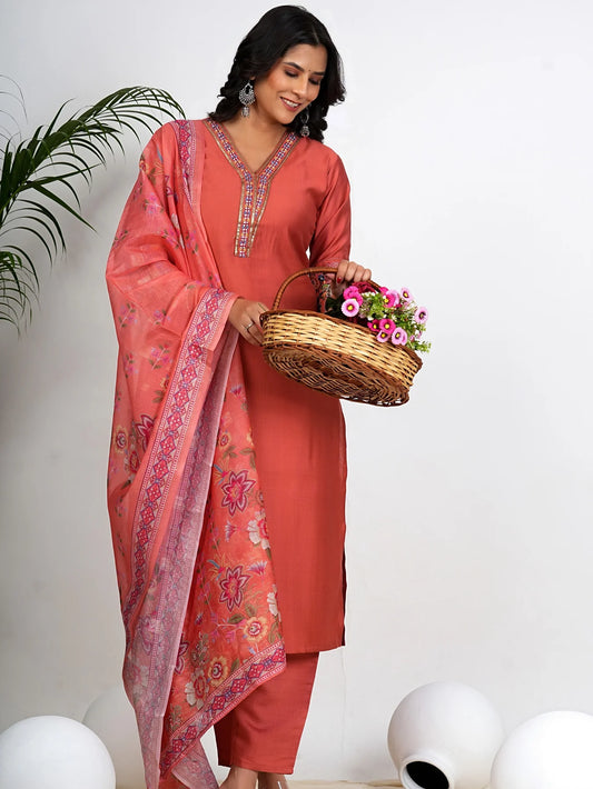 Pink Solid With Embroidery Straight Roman Silk Kurta Set-sukartaa