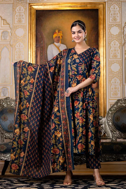 Angrakha Anarkali 3pc Set with Badla Work Pure Cotton-sukartaa