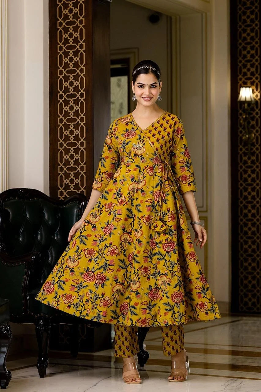 mustard angrakha anarkali 3pc set with badla work pure cotton-sukartaa