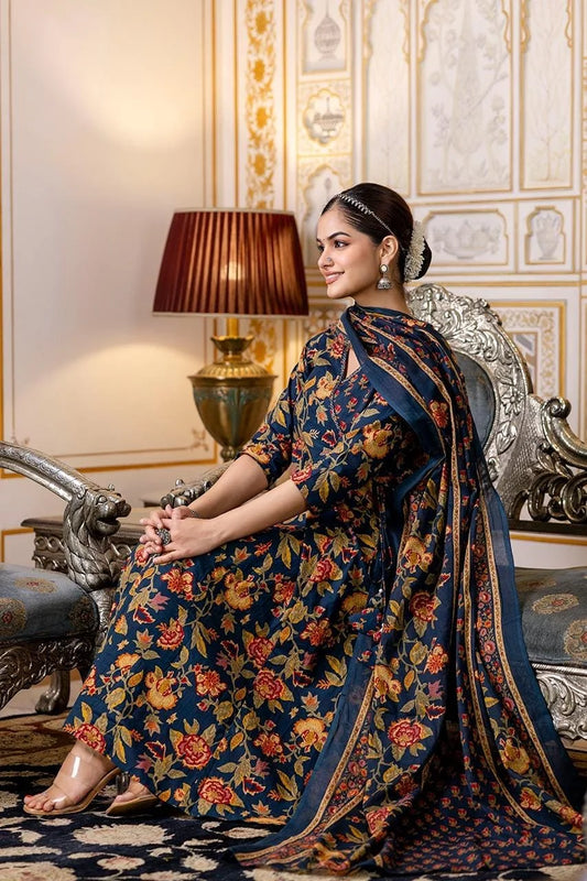 Sukartaa Angrakha Anarkali 3PC Set in Pure Cotton with Badla Work – Navy Blue
