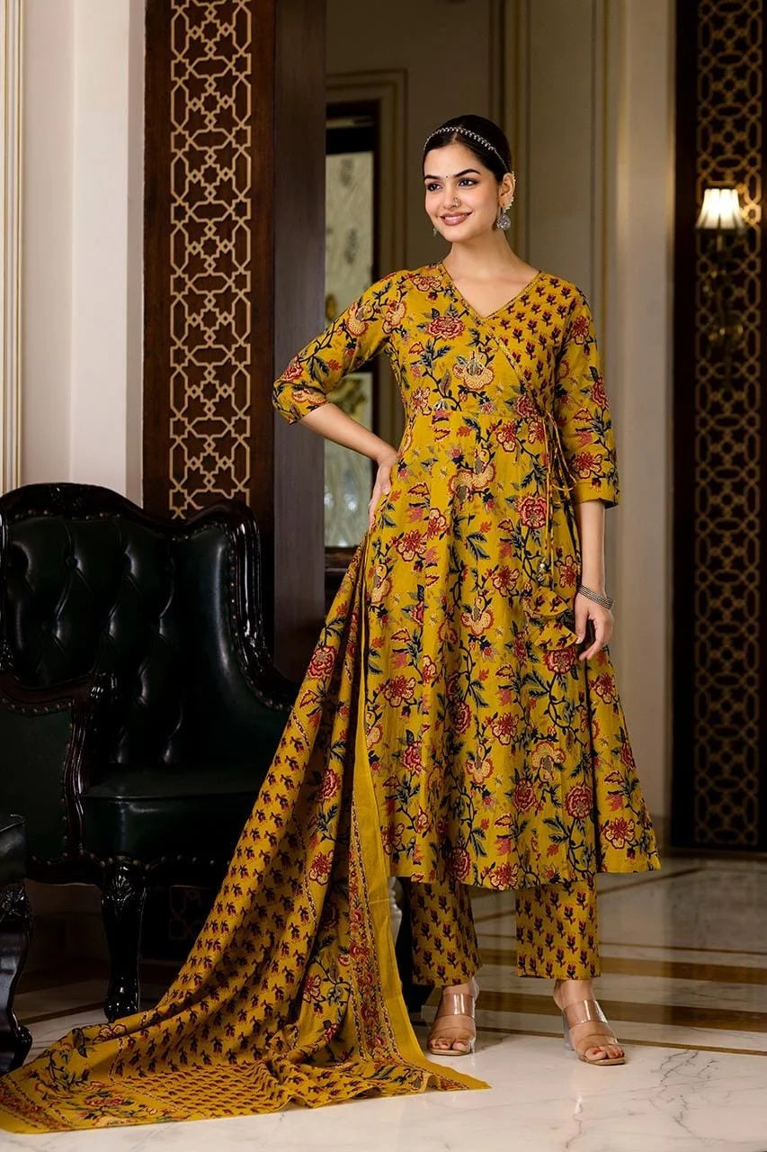 mustard angrakha anarkali 3pc set with badla work pure cotton-sukartaa