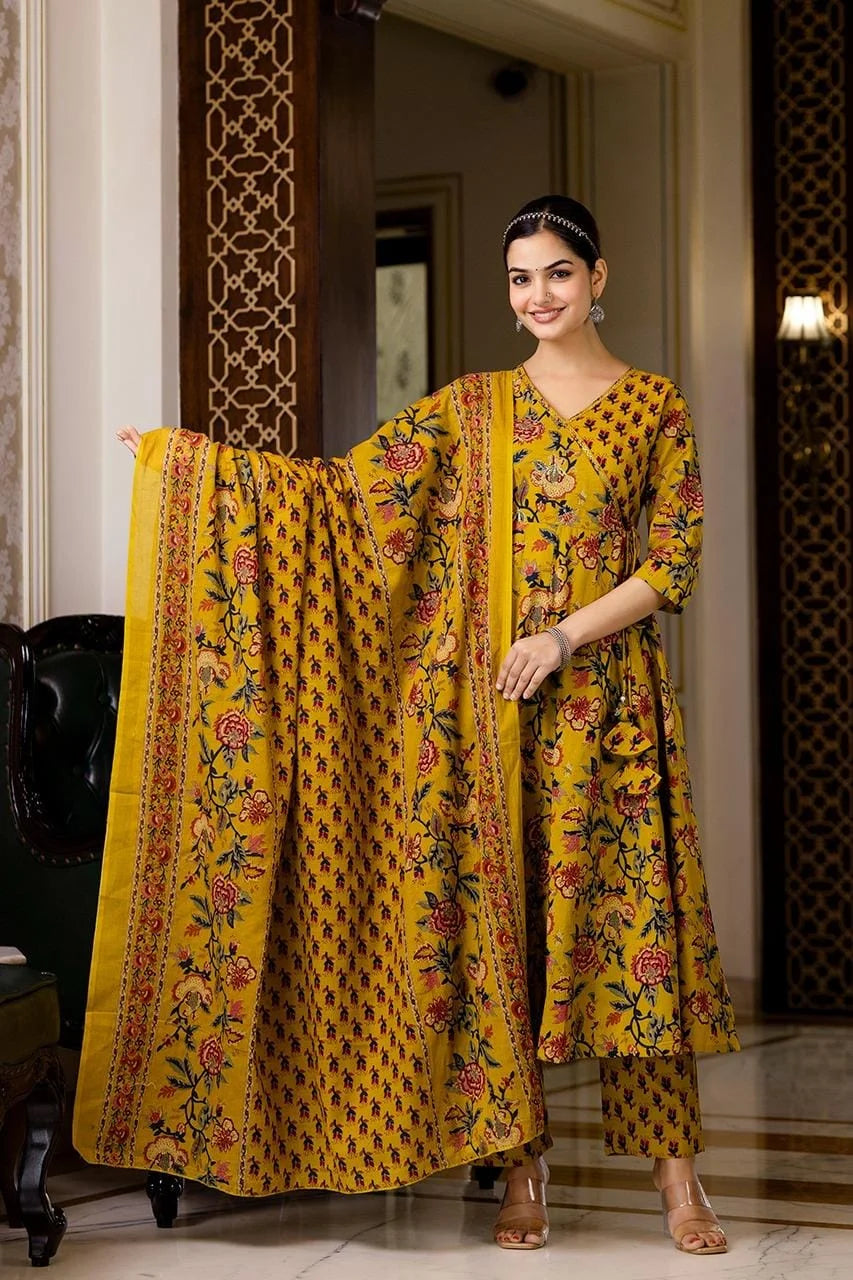 mustard angrakha anarkali 3pc set with badla work pure cotton-sukartaa