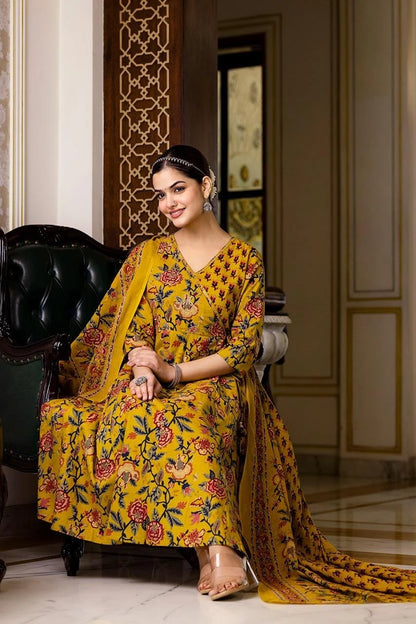 Mustard Angrakha Anarkali 3pc Set with Badla Work Pure Cotton-sukartaa