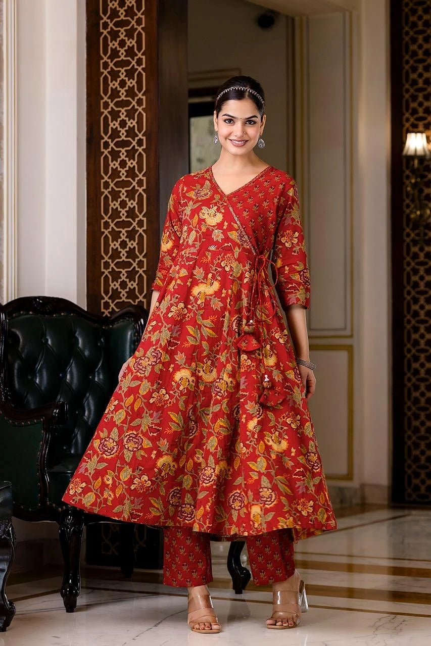 red angrakha anarkali 3pc set with badla work pure cotton-sukartaa