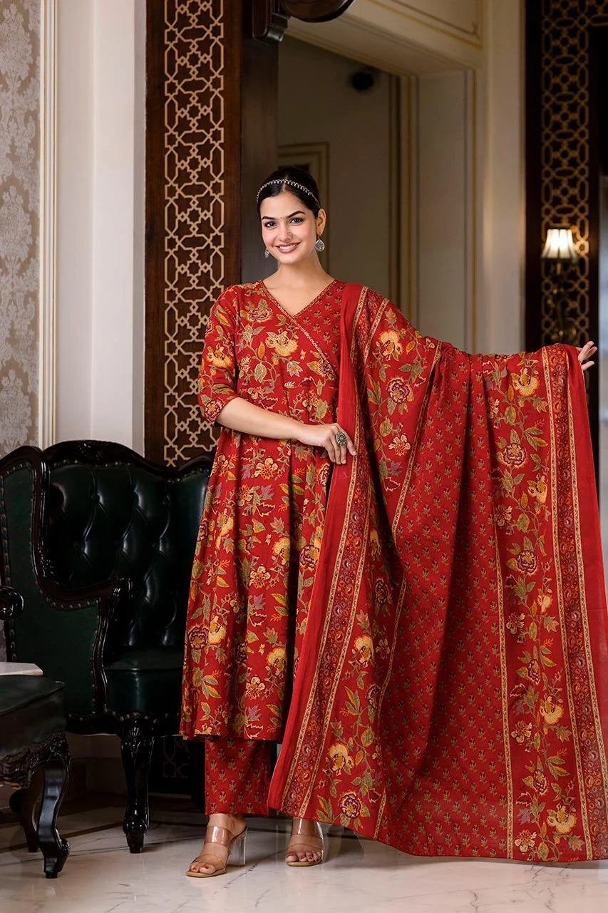 red angrakha anarkali 3pc set with badla work pure cotton-sukartaa