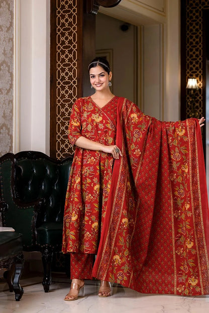 Red Angrakha Anarkali 3pc Set with Badla Work Pure Cotton-sukartaa