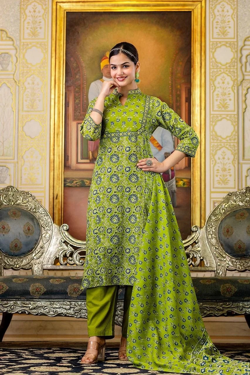 green comfortable premium cotton exquisite adda work-sukartaa