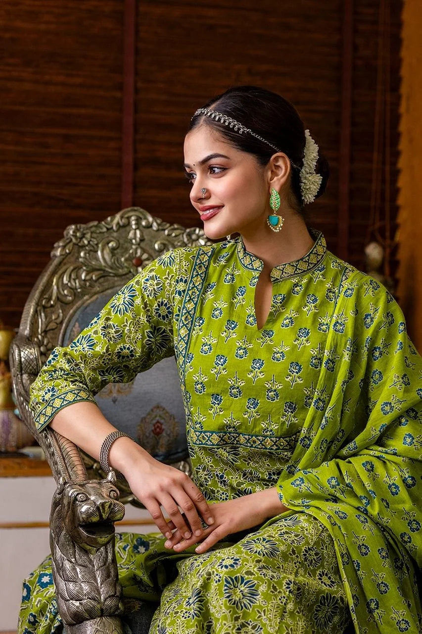 green comfortable premium cotton exquisite adda work-sukartaa