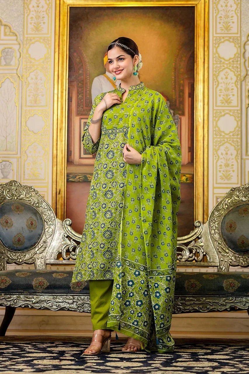 green comfortable premium cotton exquisite adda work-sukartaa