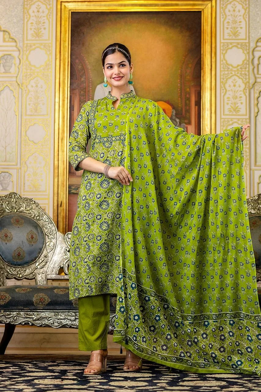 green comfortable premium cotton exquisite adda work-sukartaa