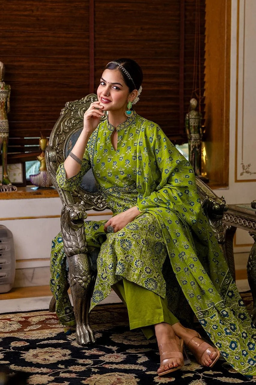 green comfortable premium cotton exquisite adda work-sukartaa