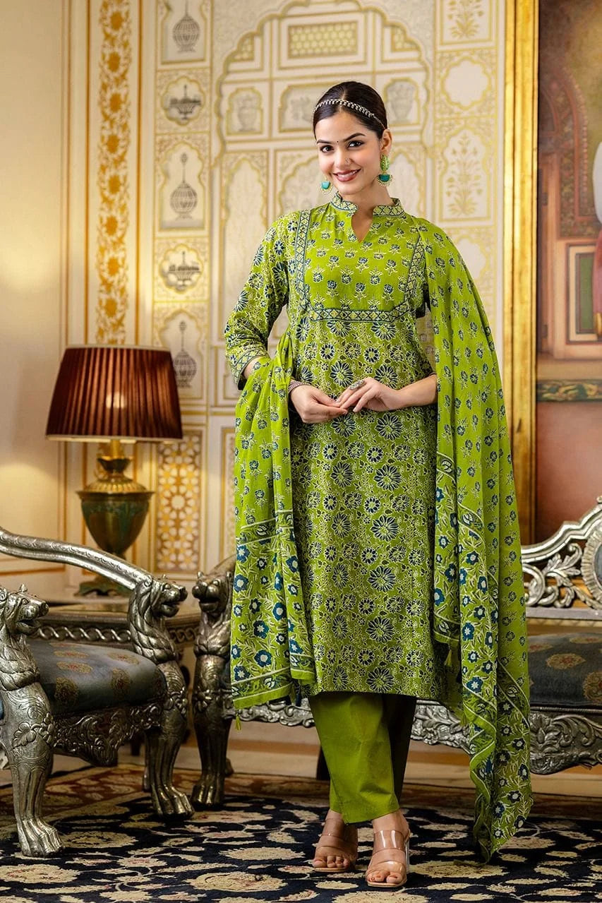 green comfortable premium cotton exquisite adda work-sukartaa