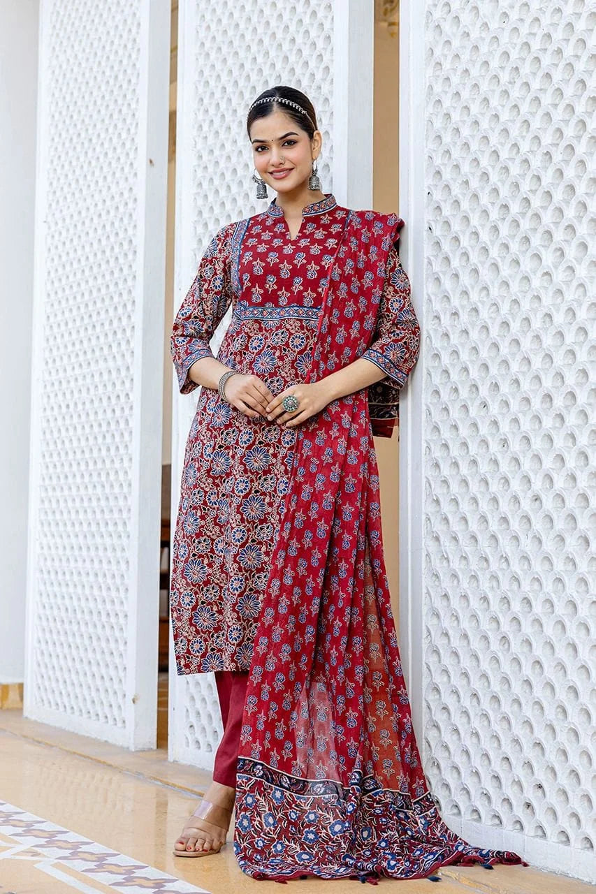 red comfortable premium cotton exquisite adda work-sukartaa