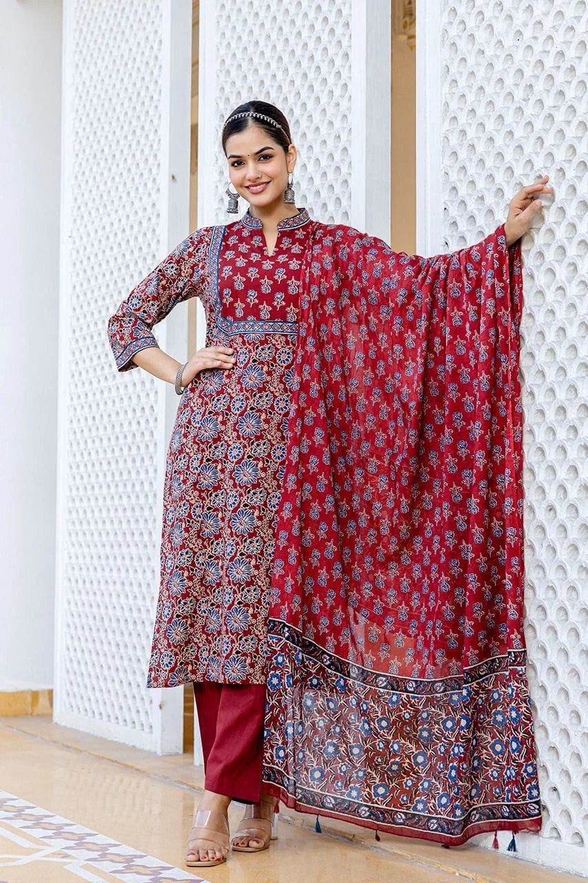 red comfortable premium cotton exquisite adda work-sukartaa