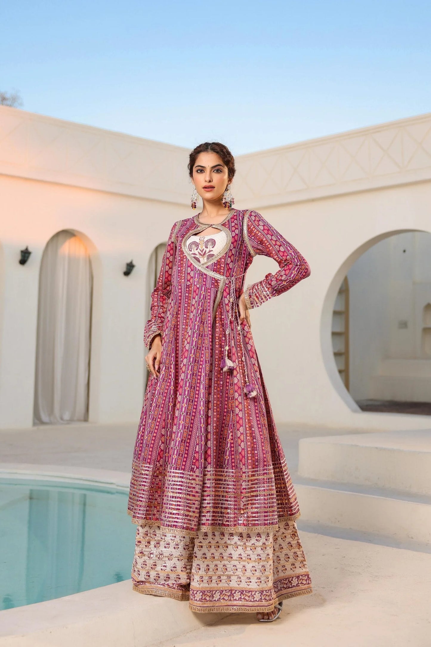 angrakha style cotton gown with patola print & gota work-sukartaa