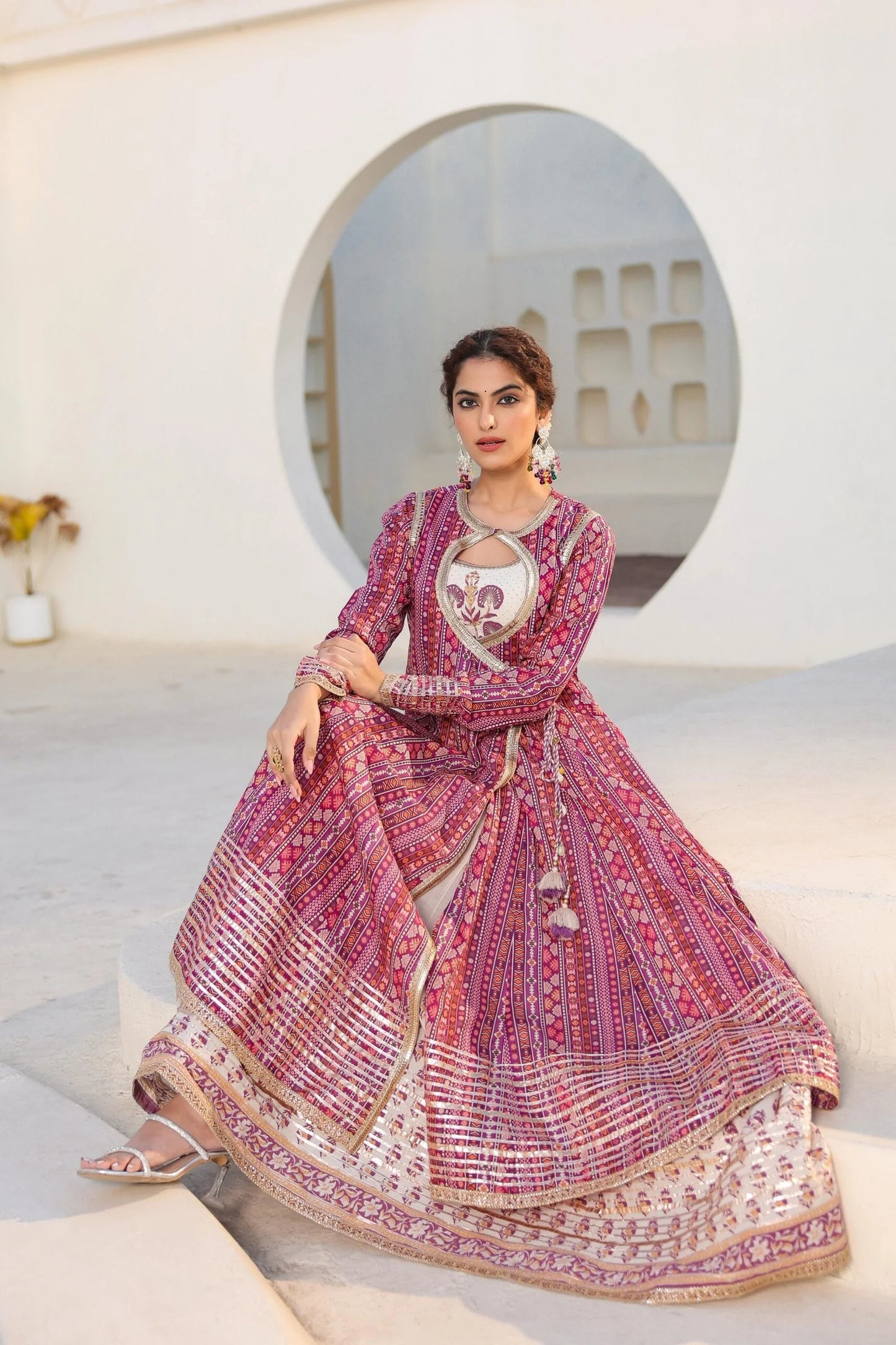 angrakha style cotton gown with patola print & gota work-sukartaa