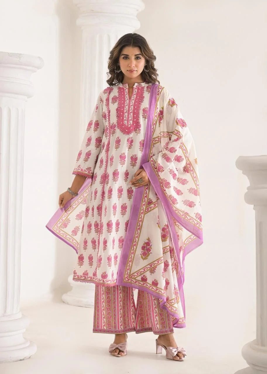 a-line cotton 3pc set with handwork & bell bottoms-sukartaa