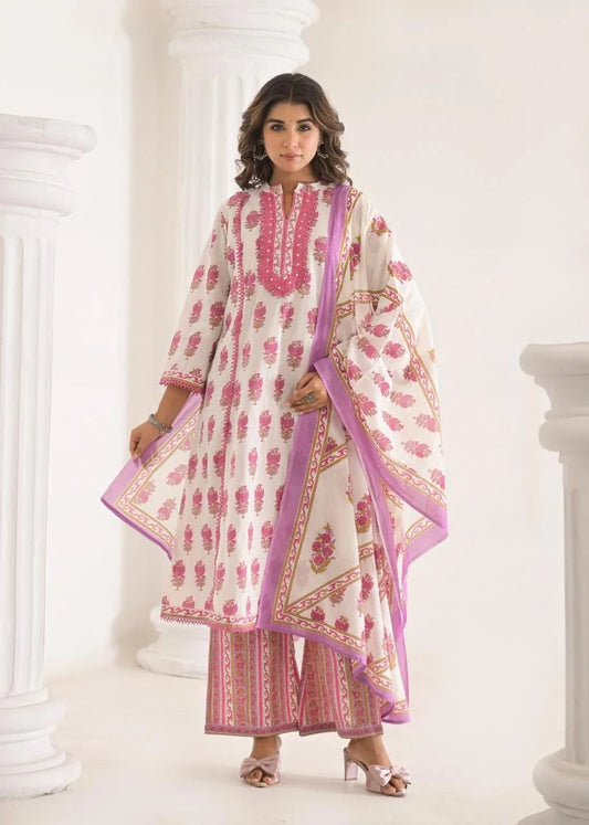 A-Line Cotton 3PC Set with Handwork & Bell Bottoms-sukartaa