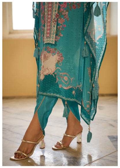 Kaftan with Dhoti 2PC Set in Crepe – Firozi - Sukartaa